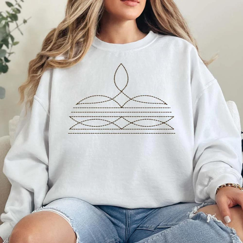 Online Exclusive | Boot Stitch Printed Long Sleeve Graphic Sweatshirt in White - Giddy Up Glamour Boutique