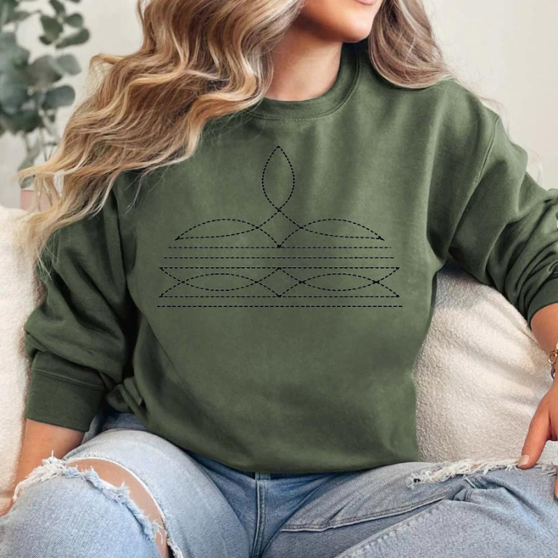 Online Exclusive | Boot Stitch Printed Long Sleeve Graphic Sweatshirt in Military Green - Giddy Up Glamour Boutique