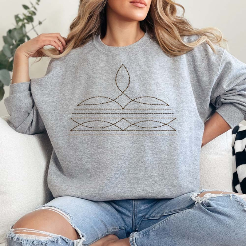Online Exclusive | Boot Stitch Printed Long Sleeve Graphic Sweatshirt in Heather Grey - Giddy Up Glamour Boutique
