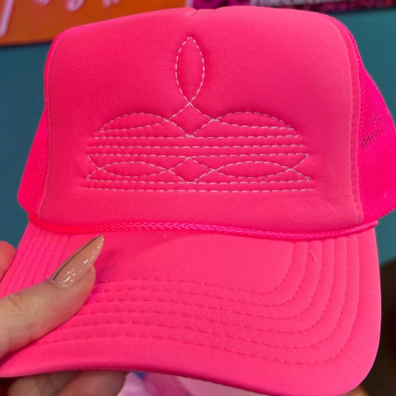 Online Exclusive | White Boot Stitch Foam Trucker Cap in Solid Neon Pink - Giddy Up Glamour Boutique