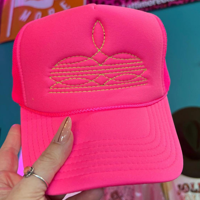 Online Exclusive | Neon Green Boot Stitch Foam Trucker Cap in Solid Neon Pink - Giddy Up Glamour Boutique