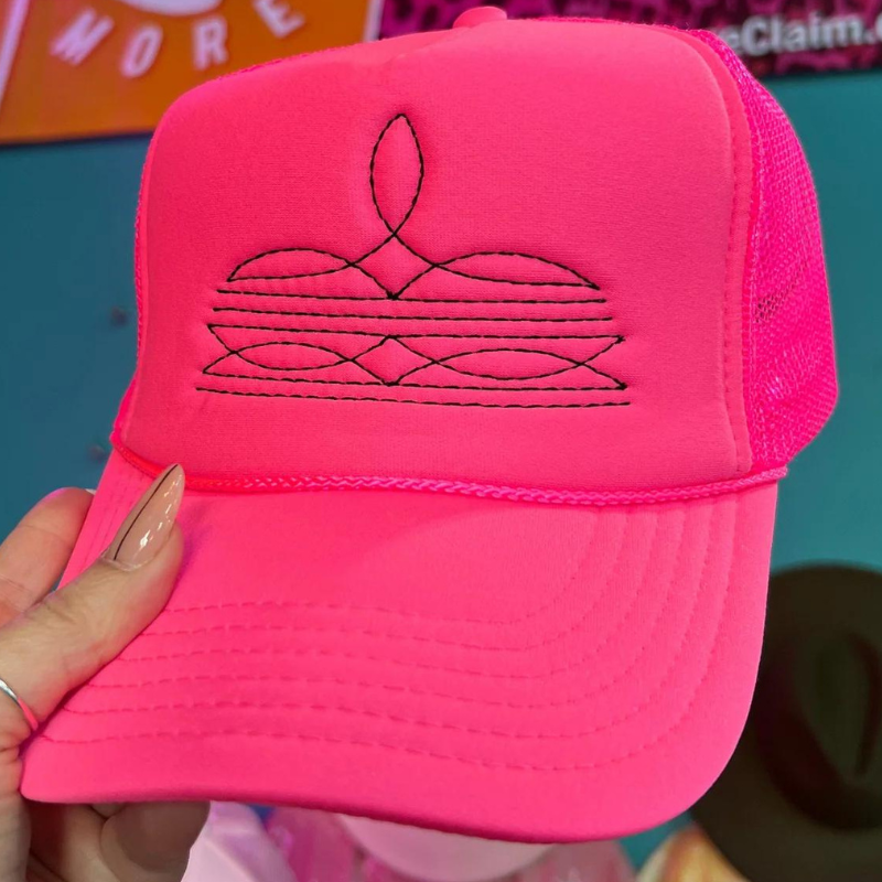 Online Exclusive | Black Boot Stitch Foam Trucker Cap in Solid Neon Pink - Giddy Up Glamour Boutique