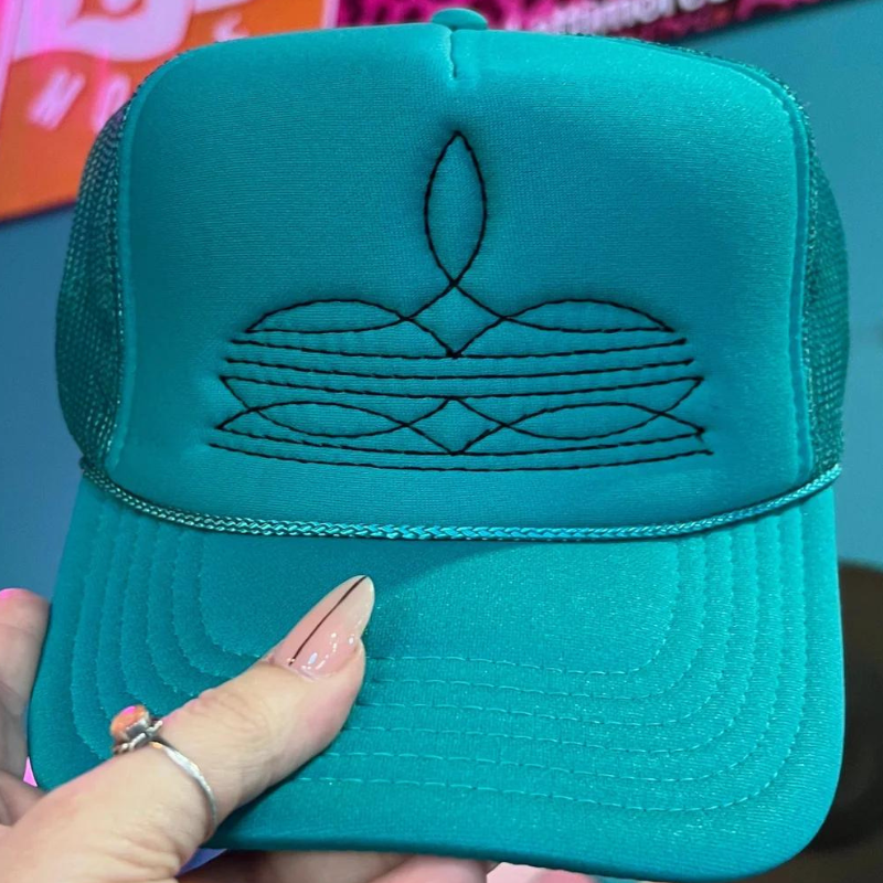 Online Exclusive | Black Boot Stitch Foam Trucker Cap in Solid Jade Blue - Giddy Up Glamour Boutique