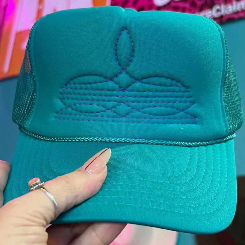 Online Exclusive | Purple Boot Stitch Foam Trucker Cap in Solid Jade Blue - Giddy Up Glamour Boutique