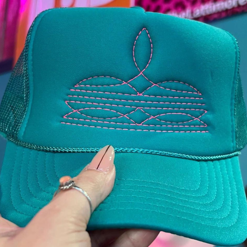 Online Exclusive | Hot Pink Boot Stitch Foam Trucker Cap in Solid Jade Blue - Giddy Up Glamour Boutique