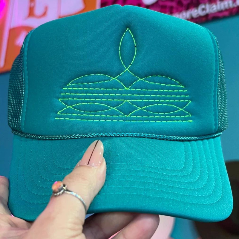 Online Exclusive | Neon Green Boot Stitch Foam Trucker Cap in Solid Jade Blue - Giddy Up Glamour Boutique
