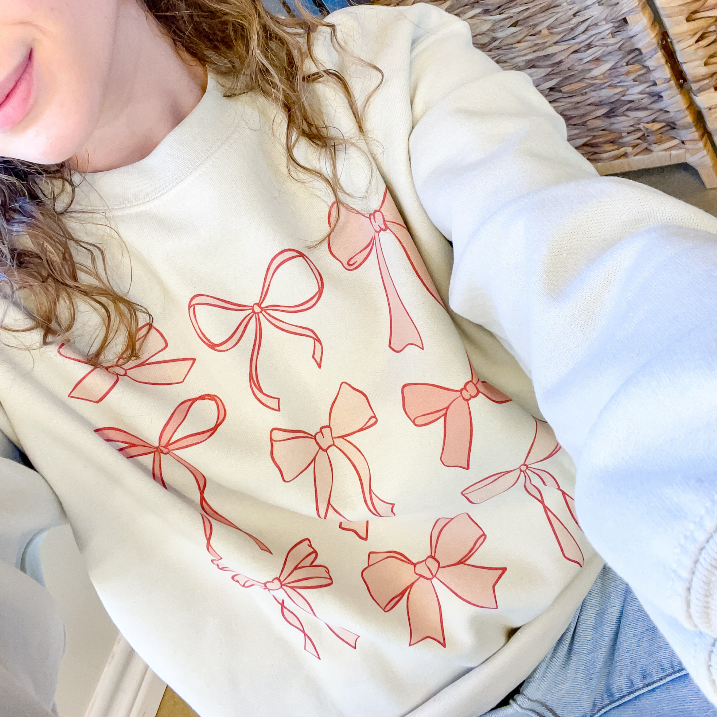 Online Exclusive | Coquette Bow Long Sleeve Graphic Sweatshirt in Cream - Giddy Up Glamour Boutique