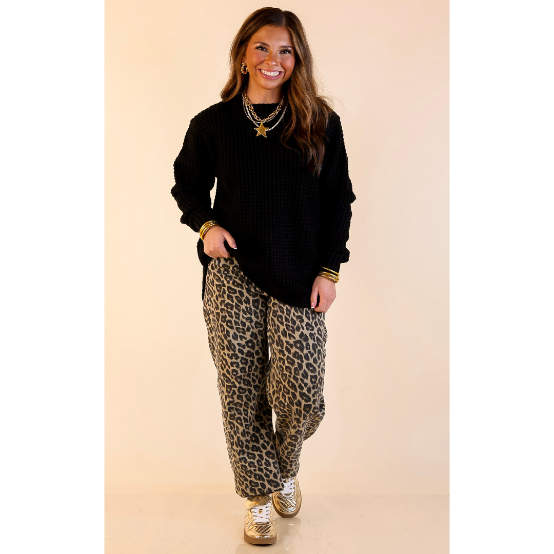 Cool Day Classic Scoop Neck Long Sleeve Large Waffle Knit Sweater in Black