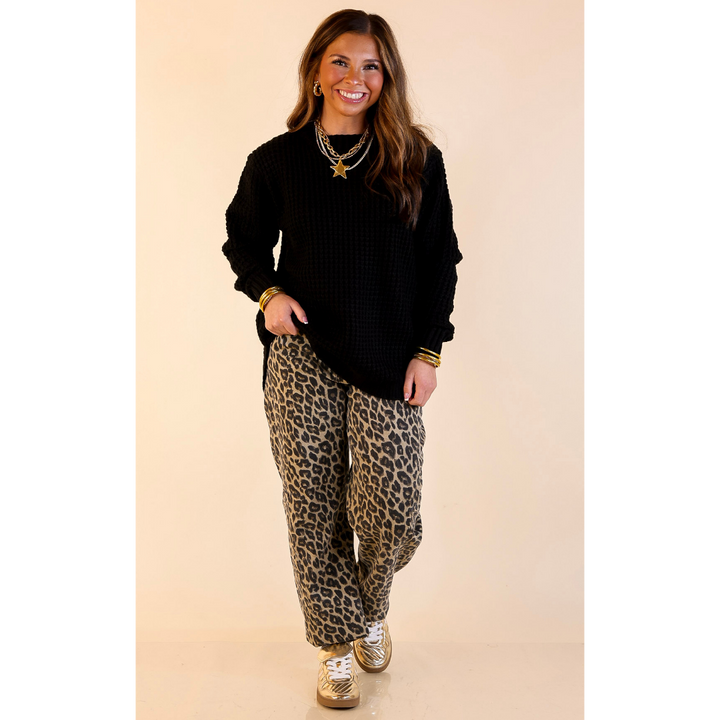 Cool Day Classic Scoop Neck Long Sleeve Large Waffle Knit Sweater in Black