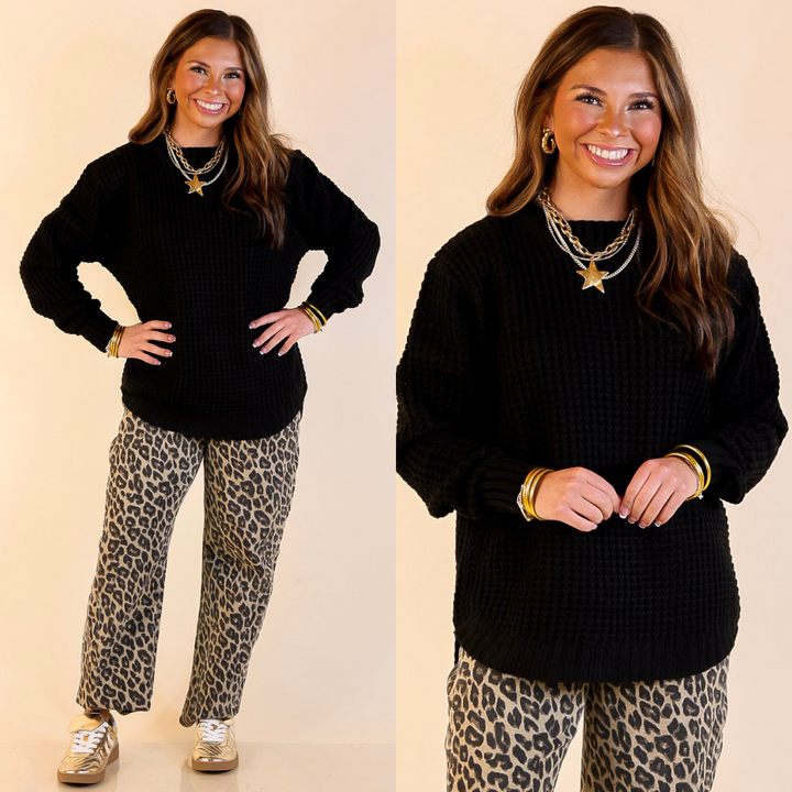 Cool Day Classic Scoop Neck Long Sleeve Large Waffle Knit Sweater in Black