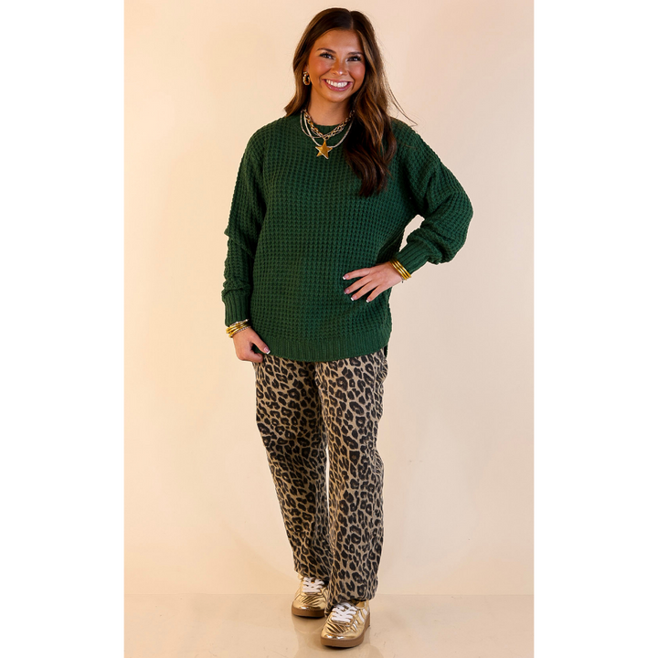 Cool Day Classic Scoop Neck Long Sleeve Large Waffle Knit Sweater in Forest Green