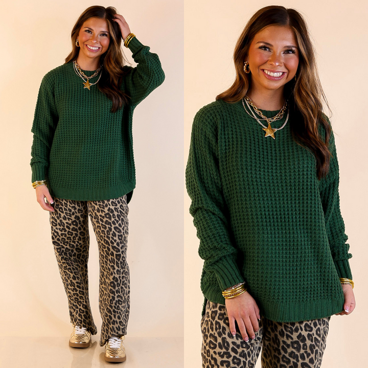 Cool Day Classic Scoop Neck Long Sleeve Large Waffle Knit Sweater in Forest Green