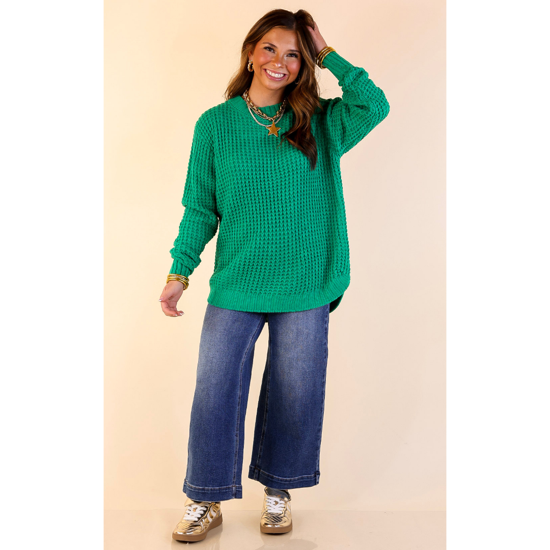 Cool Day Classic Scoop Neck Long Sleeve Large Waffle Knit Sweater in Kelly Green
