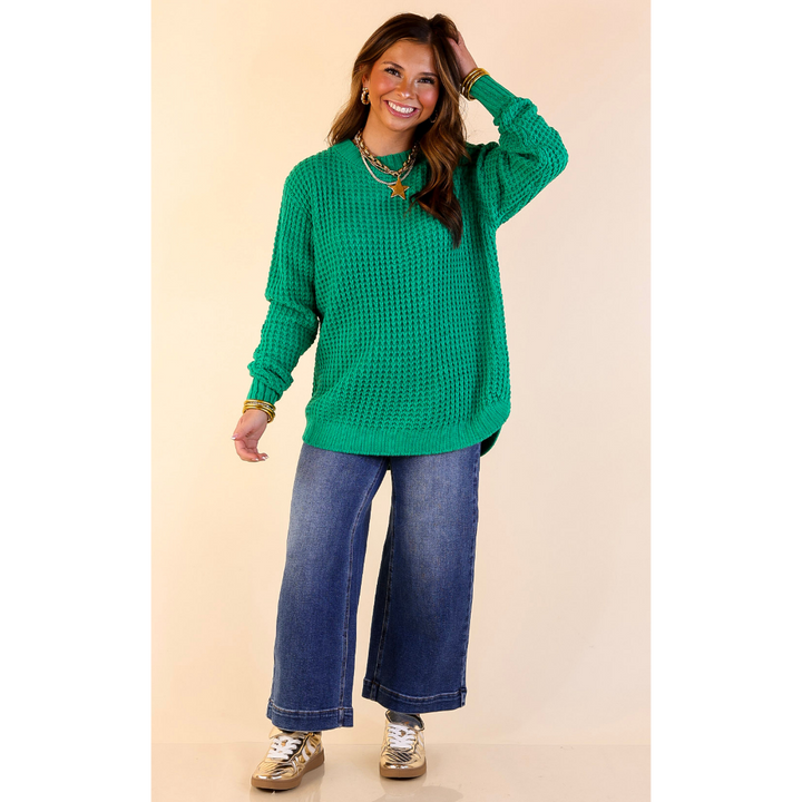 Cool Day Classic Scoop Neck Long Sleeve Large Waffle Knit Sweater in Kelly Green