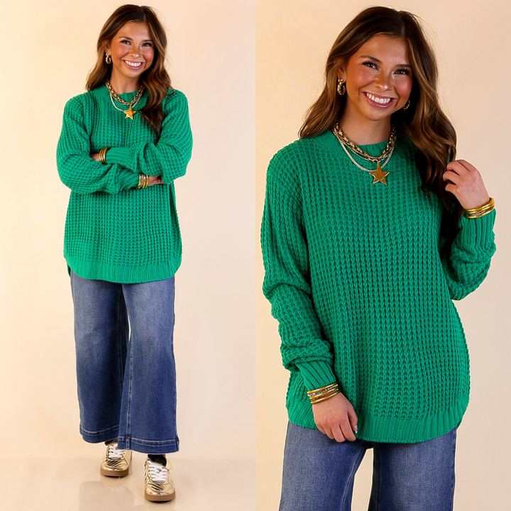 Cool Day Classic Scoop Neck Long Sleeve Large Waffle Knit Sweater in Kelly Green