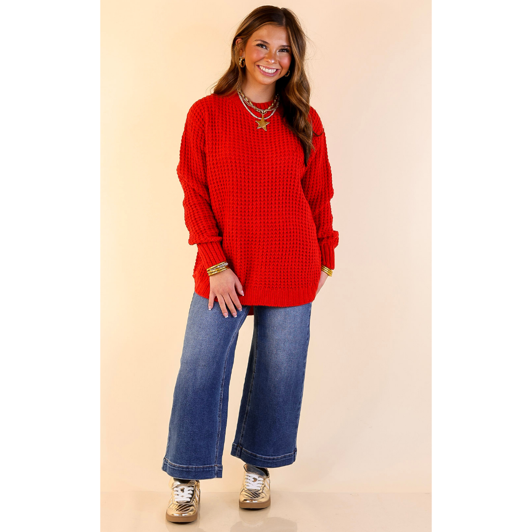 Cool Day Classic Scoop Neck Long Sleeve Large Waffle Knit Sweater in Red