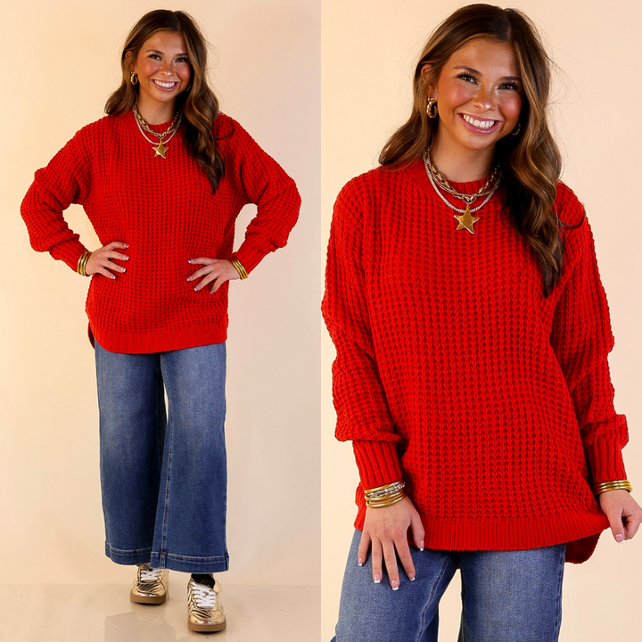 Cool Day Classic Scoop Neck Long Sleeve Large Waffle Knit Sweater in Red