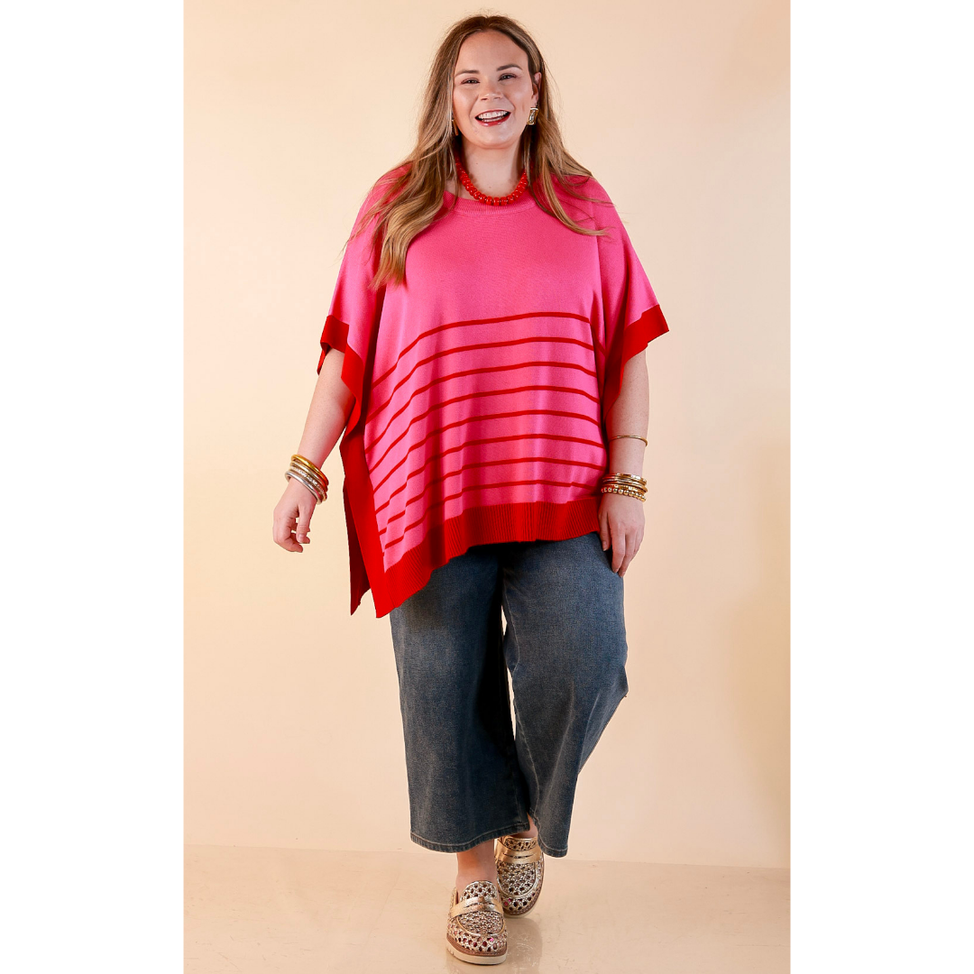 Casual to Chic Short Sleeve Striped Poncho Top in Pink and Red