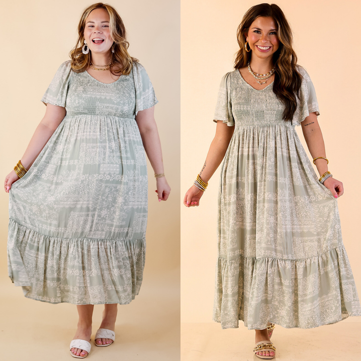 Adore The Shore Block Print Midi Dress with Smocked Bodice in Sage Green