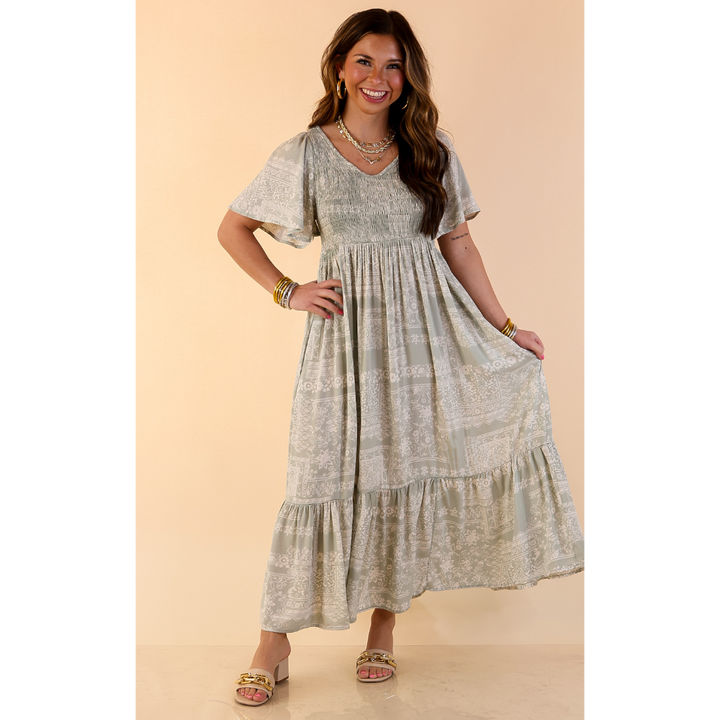 Adore The Shore Block Print Midi Dress with Smocked Bodice in Sage Green
