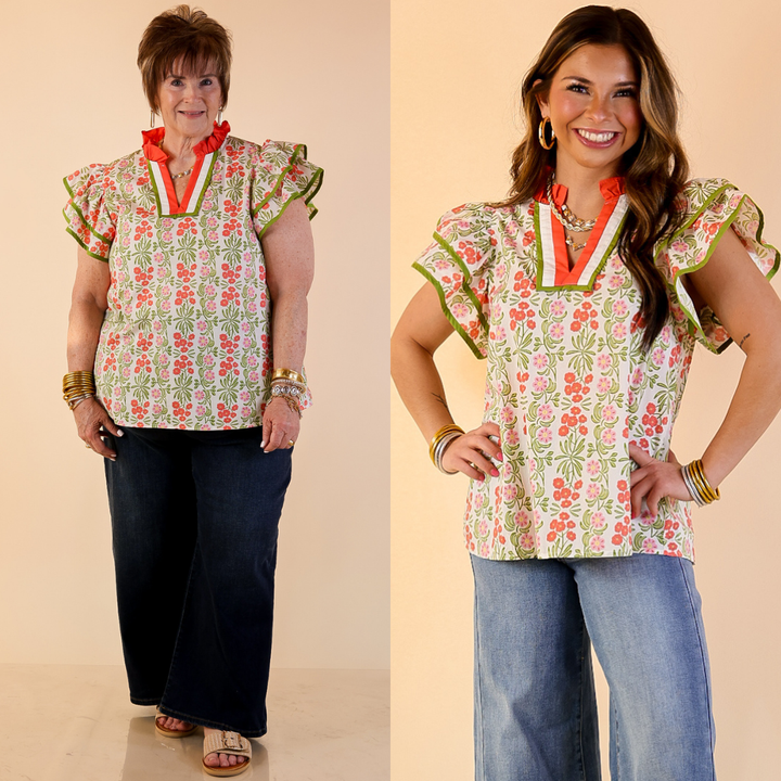 Blooming Outlook Floral Top with Ruffle Cap Sleeves and Contrast Trim Detail in Coral, Pink and Green
