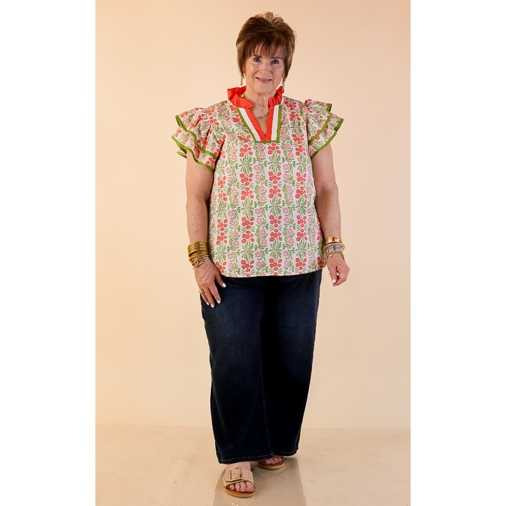 Blooming Outlook Floral Top with Ruffle Cap Sleeves and Contrast Trim Detail in Coral, Pink and Green