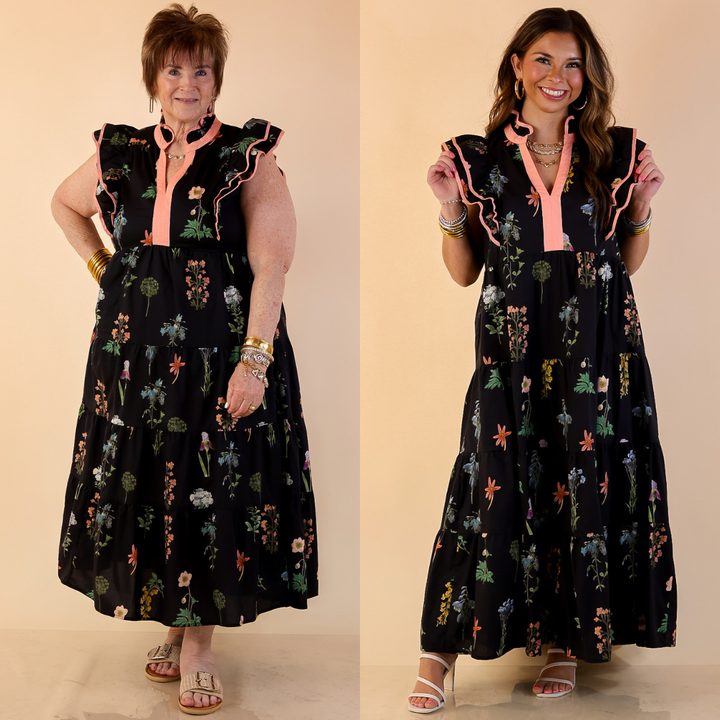 Moonlit Meadow Floral Ruffle Cap Sleeve Tiered Midi Dress in Black