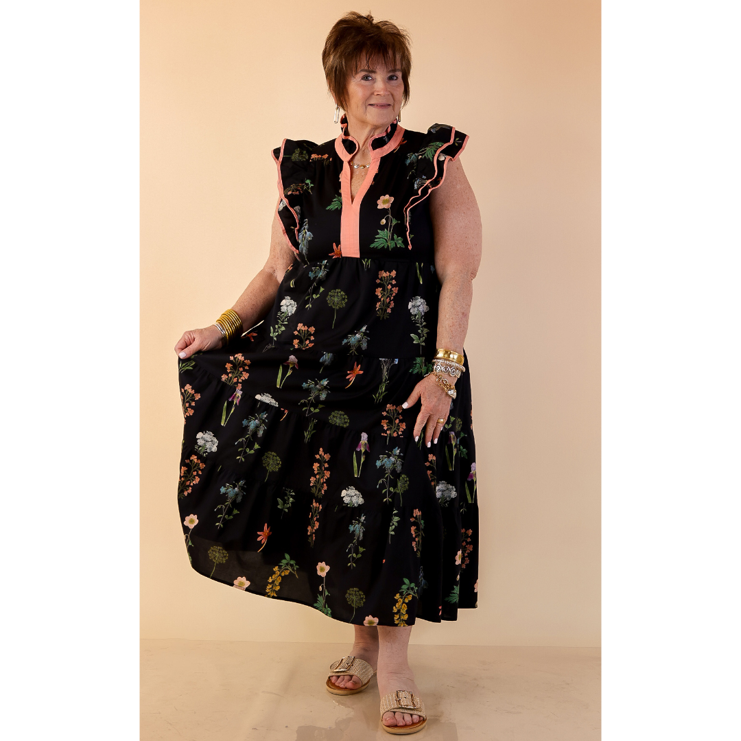 Moonlit Meadow Floral Ruffle Cap Sleeve Tiered Midi Dress in Black