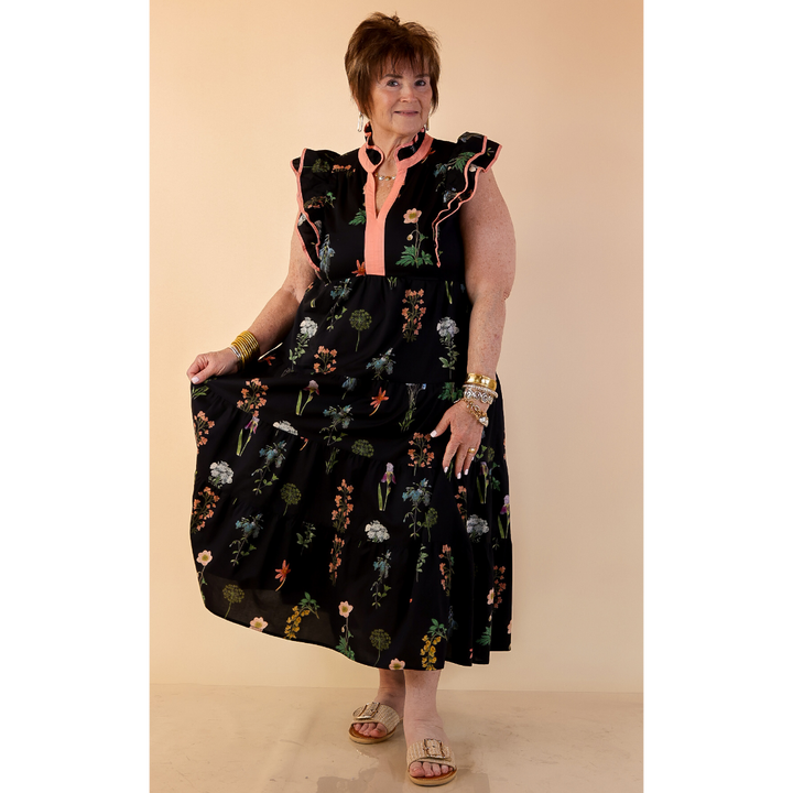Moonlit Meadow Floral Ruffle Cap Sleeve Tiered Midi Dress in Black