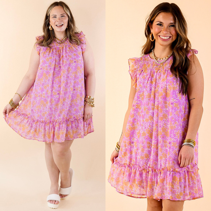 New To The Scene Floral Dress with Ruffle Cap Sleeves in Purple and Orange