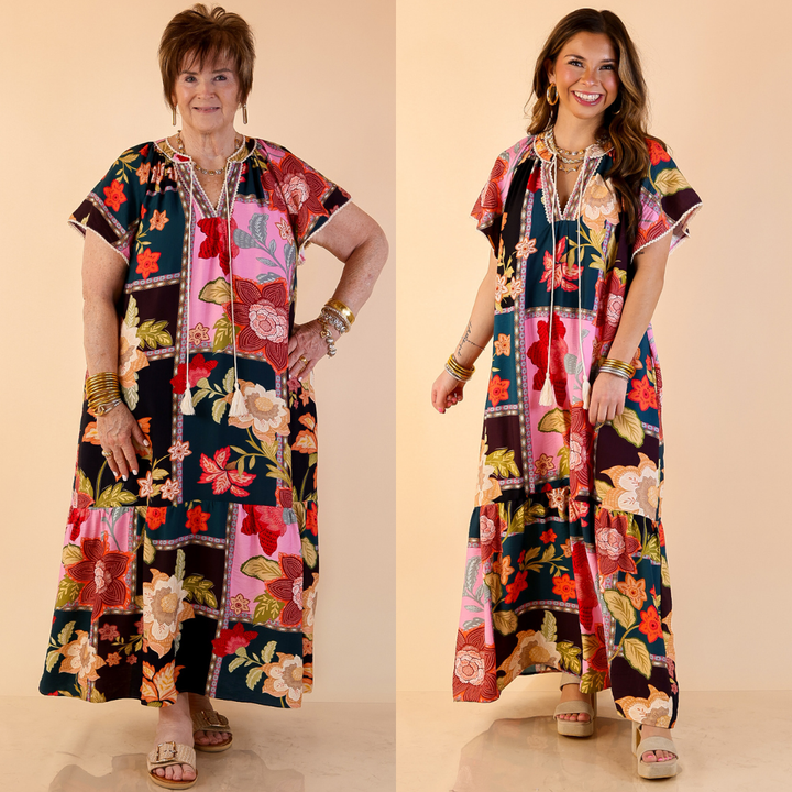 Patchwork Poise Floral Patchwork Print Midi Dress with Tassel Tie Neckline and Flutter Sleeves in Pink Mix