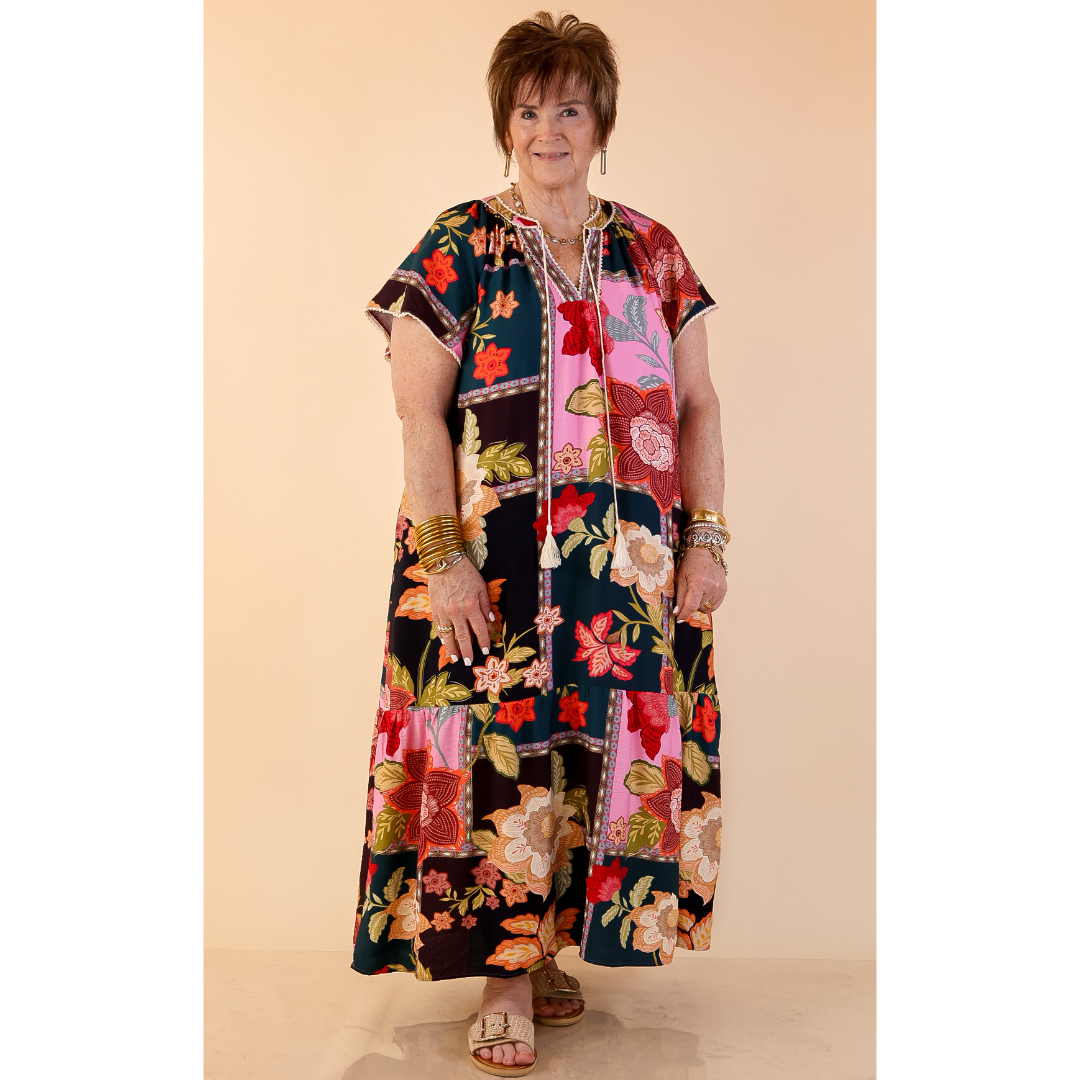 Patchwork Poise Floral Patchwork Print Midi Dress with Tassel Tie Neckline and Flutter Sleeves in Pink Mix