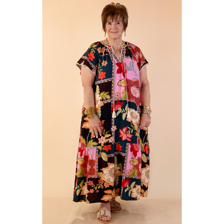 Patchwork Poise Floral Patchwork Print Midi Dress with Tassel Tie Neckline and Flutter Sleeves in Pink Mix