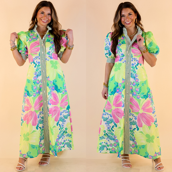 Spring Awakening Floral Midi Dress with Puff Sleeves and Stripe Trim in Lime Green and Blue