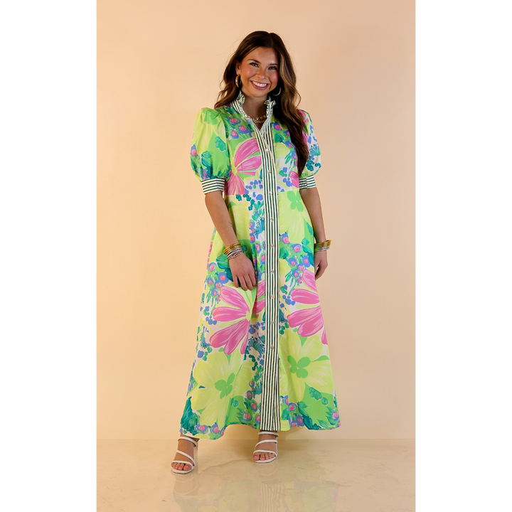 Spring Awakening Floral Midi Dress with Puff Sleeves and Stripe Trim in Lime Green and Blue