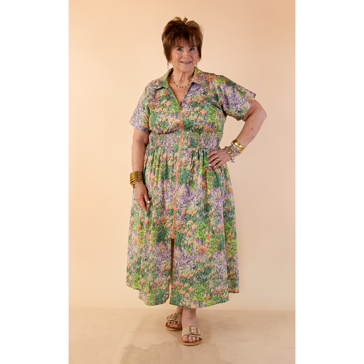 Whispering Wildflowers Floral Zip Front Midi Dress with Smocked Waist and Short Sleeves in Green and Peach Multicolor