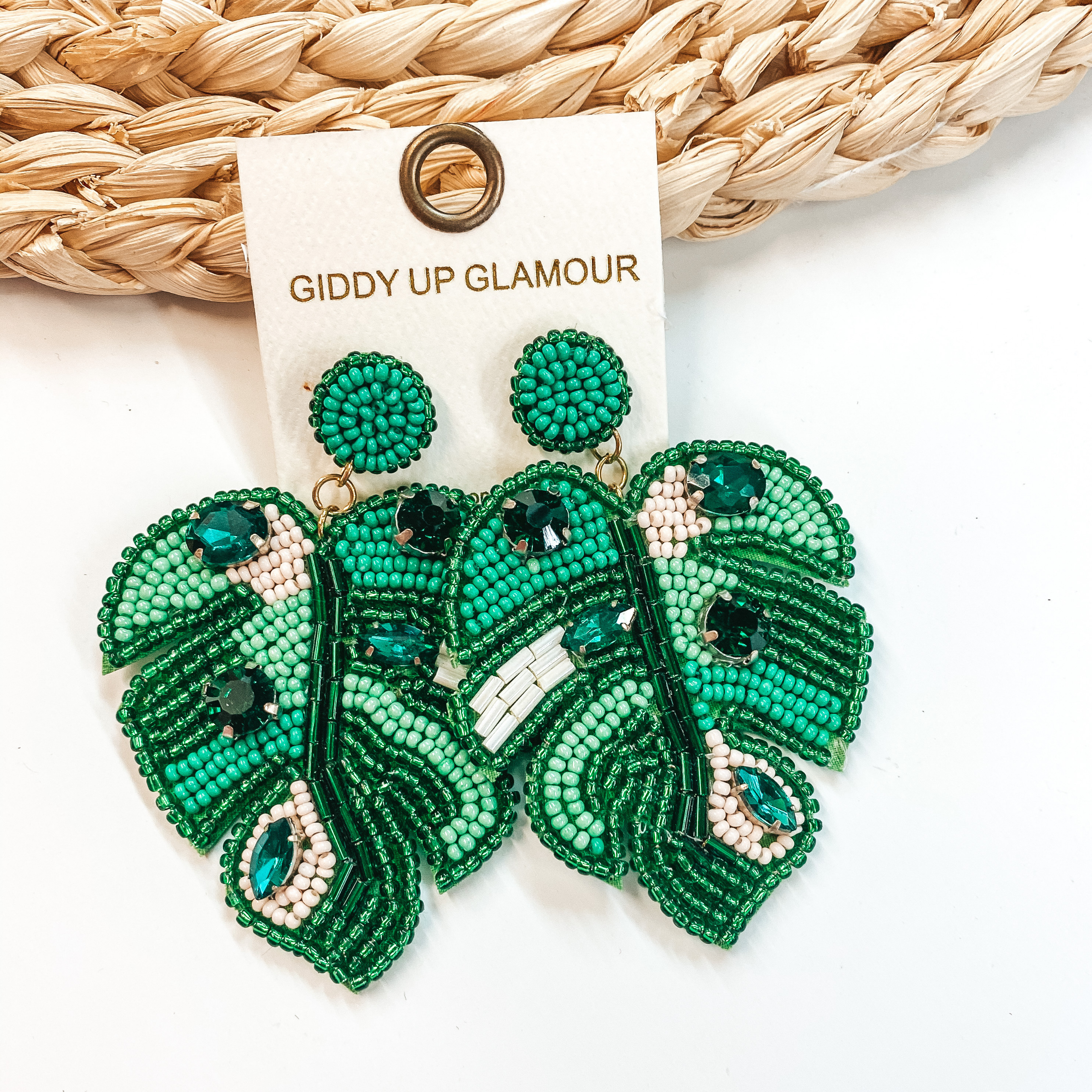 Palm Leaf Beaded Earrings With Crystal Accents in Green, Blush, and White - Giddy Up Glamour Boutique