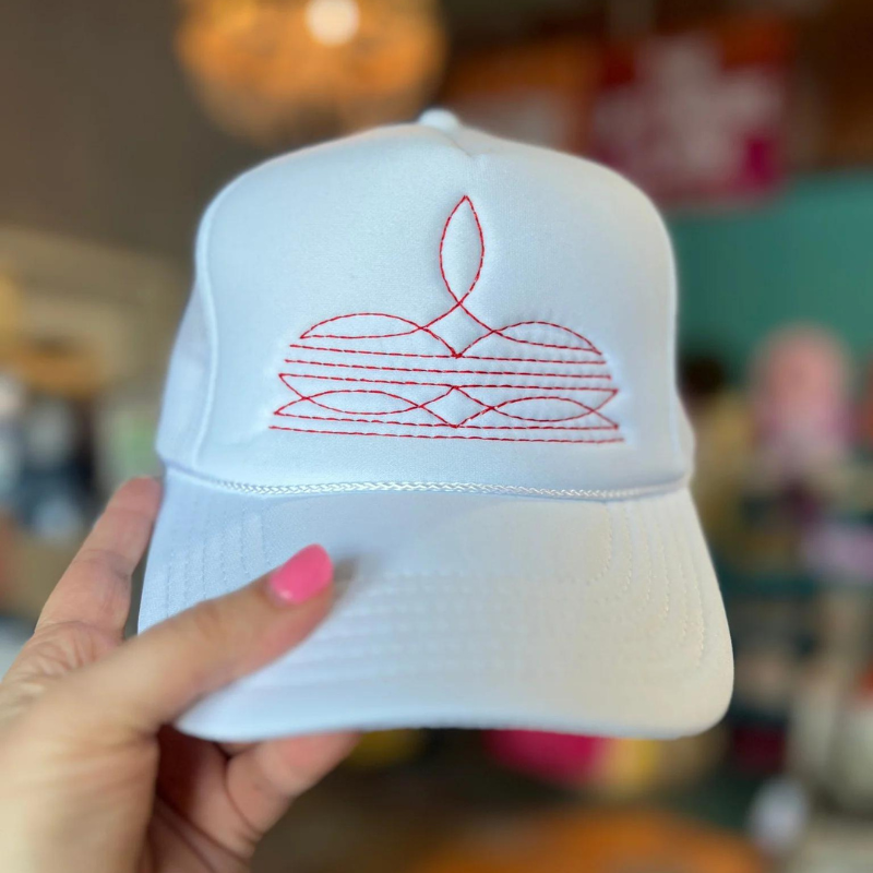 Online Exclusive | Red Boot Stitch Foam Trucker Cap in White - Giddy Up Glamour Boutique