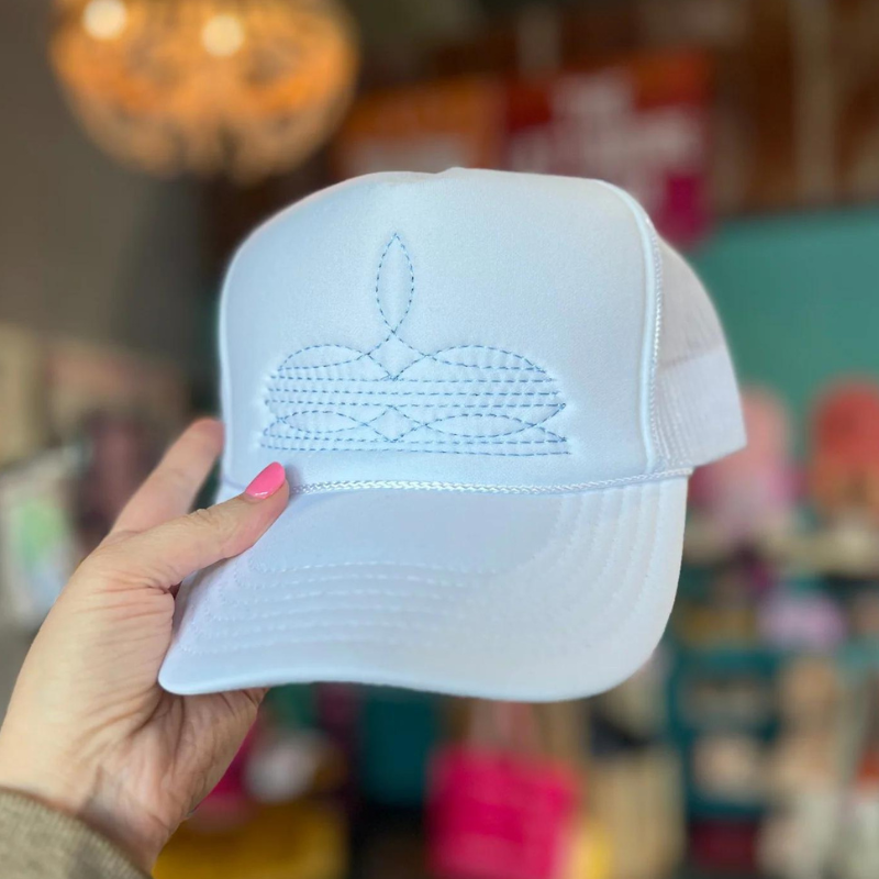 Online Exclusive | Baby Blue Boot Stitch Foam Trucker Cap in White - Giddy Up Glamour Boutique