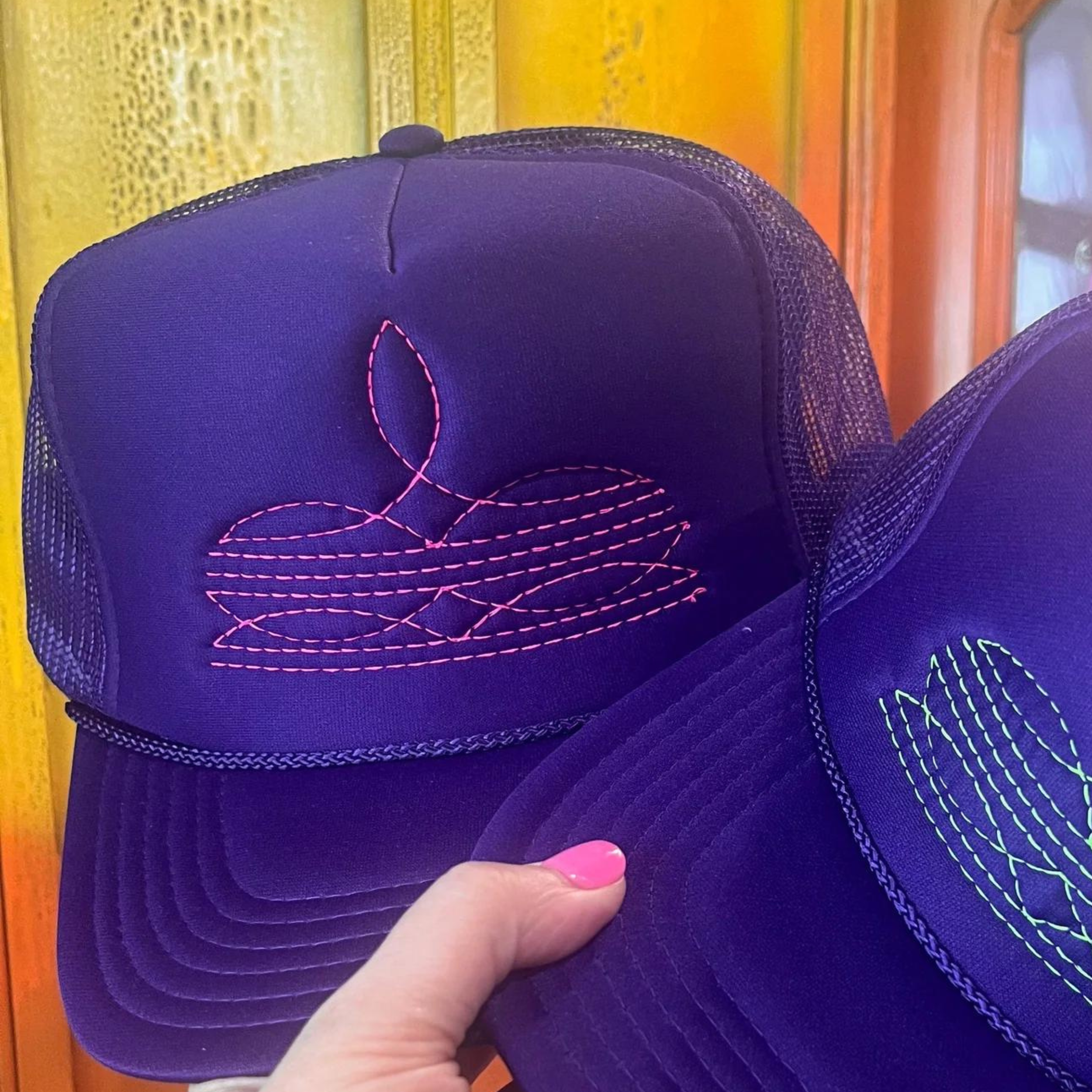 Online Exclusive | Neon Pink Boot Stitch Foam Trucker Cap in Purple - Giddy Up Glamour Boutique
