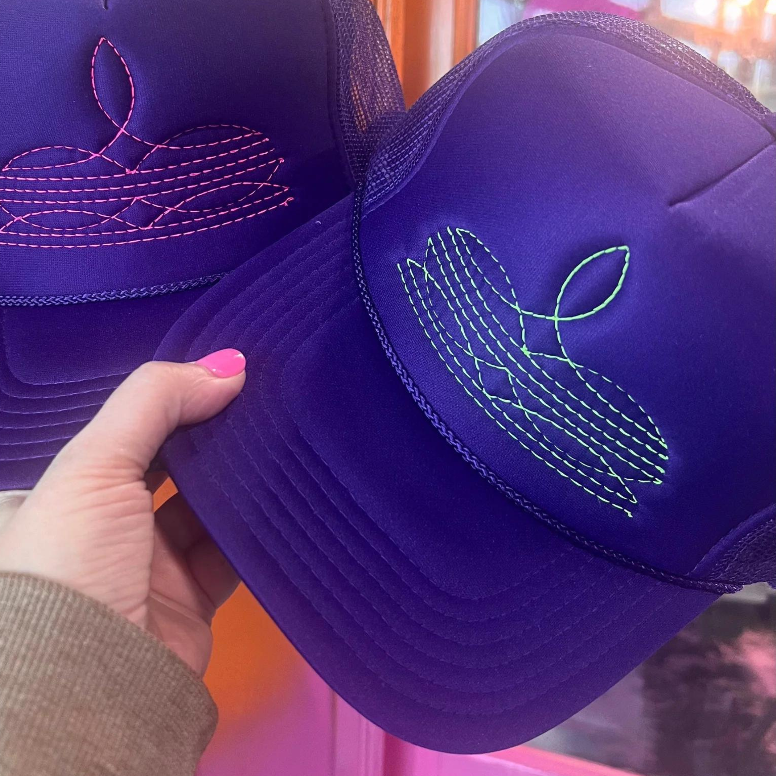 Online Exclusive | Neon Green Boot Stitch Foam Trucker Cap in Purple - Giddy Up Glamour Boutique
