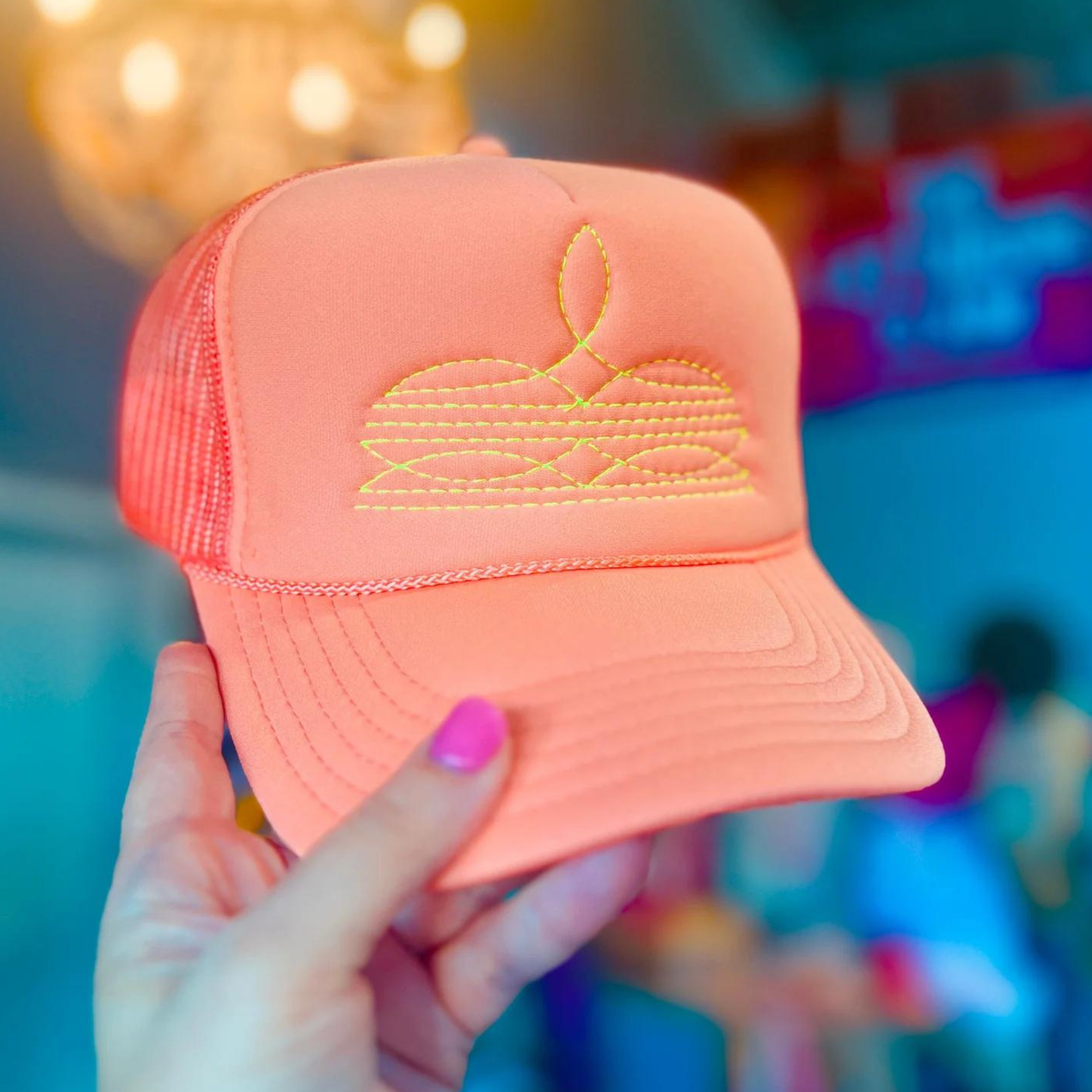 Online Exclusive | Yellow Boot Stitch Foam Trucker Cap in Coral - Giddy Up Glamour Boutique