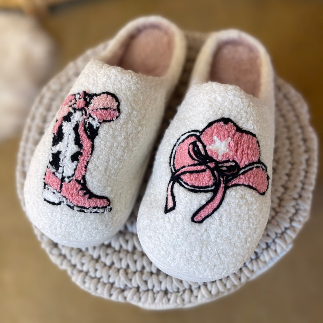 Barefoot Bliss Slide On Slippers in Ivory with Western Icons