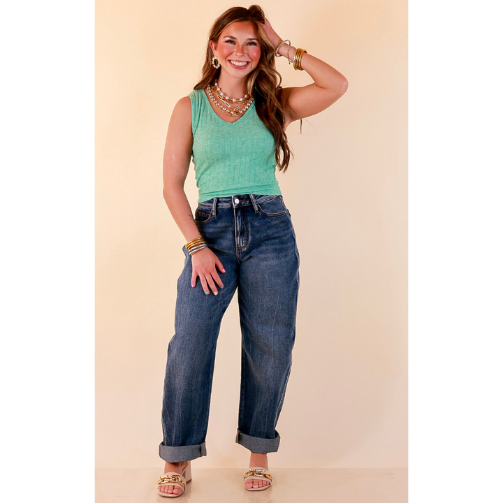 Simply Essential Sleeveless Ribbed Knit V Neck Tank Top in Kelly Green