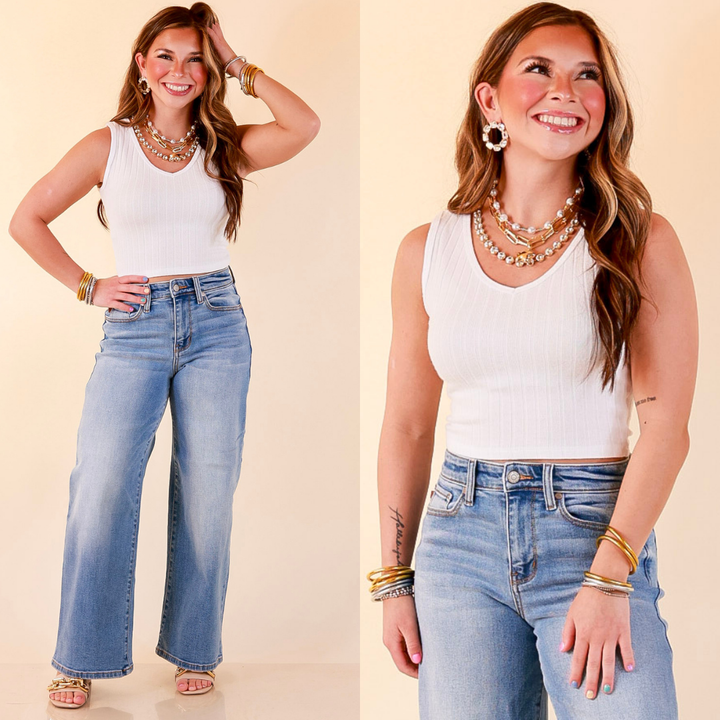 Simply Essential Sleeveless Ribbed Knit V Neck Tank Top in White
