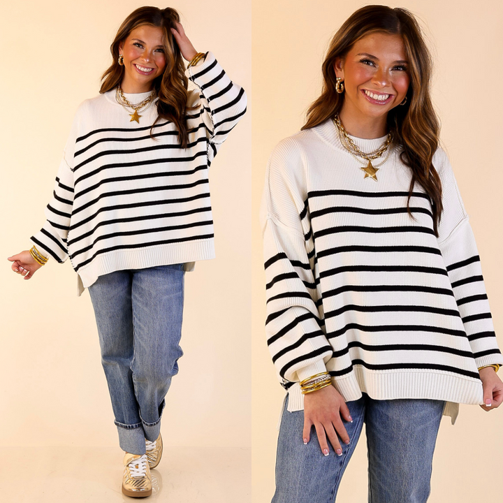 Snug and Stylish Mock Neck Striped Sweater with Side Slit in Ivory with Black Stripes