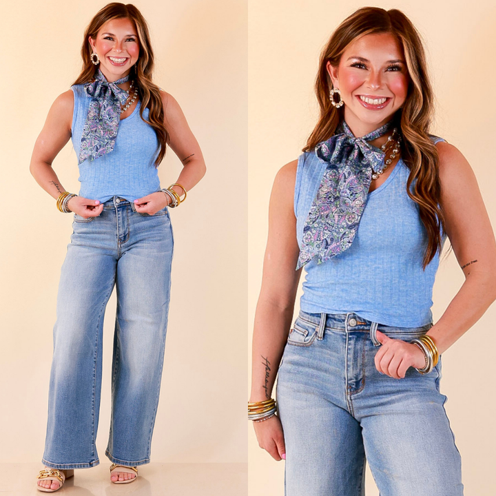 Simply Essential Sleeveless Ribbed Knit V Neck Tank Top in Ocean Blue