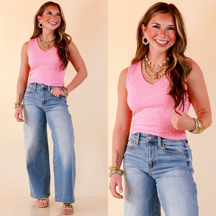 Simply Essential Sleeveless Ribbed Knit V Neck Tank Top in Hot Pink