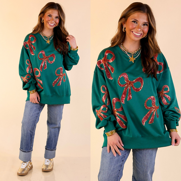 Wrapped in Style Crewneck Sweatshirt with Sequin Red Bows in Dark Green
