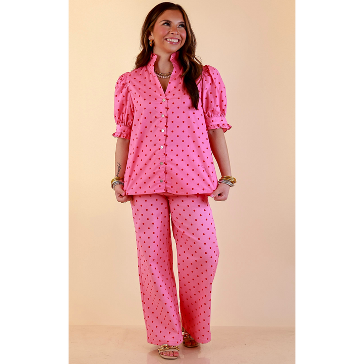 Poised and Polished Button Front Puff Sleeve Top with Polka Dot Print in Pink and Red
